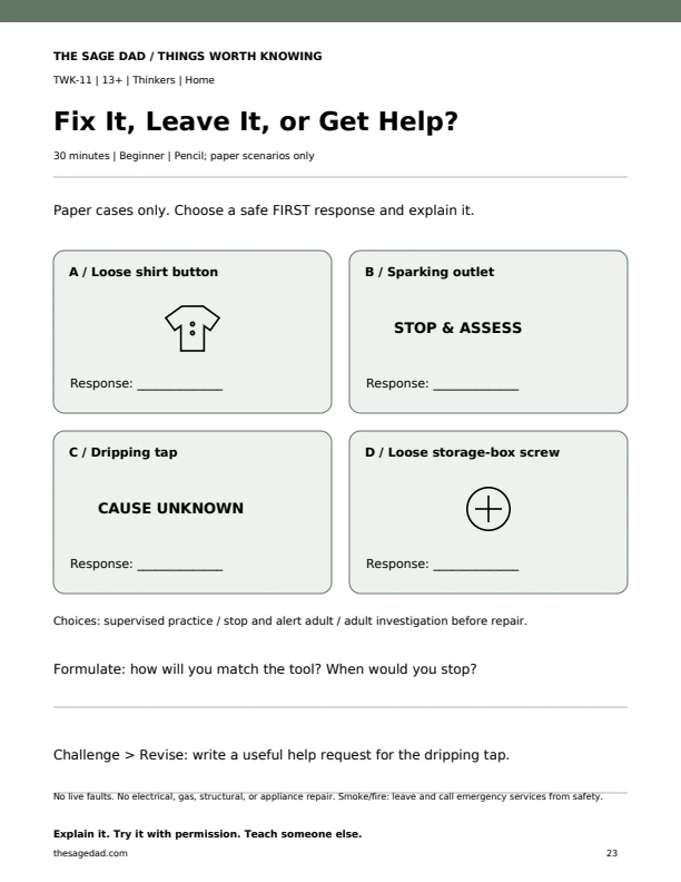 Four paper scenarios involving a button, outlet, tap and storage-box screw