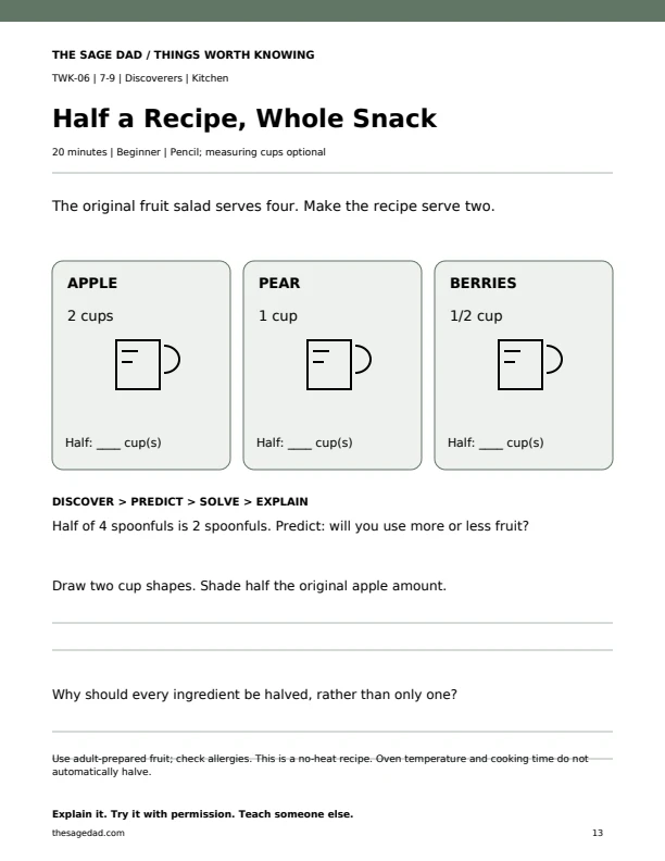 Apple, pear and berry quantities with measuring-cup drawings and spaces to halve each amount