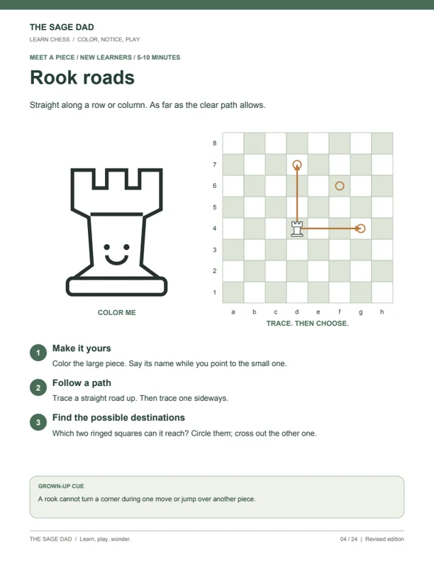 Chess collection sample: a large rook to color beside its movement paths