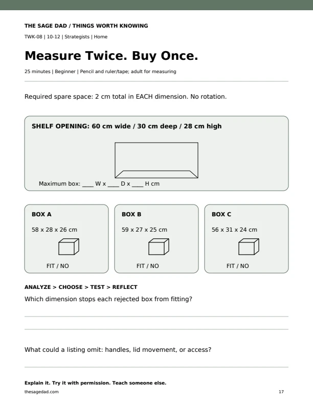 A dimensioned shelf opening and three boxes to compare for width, depth and height