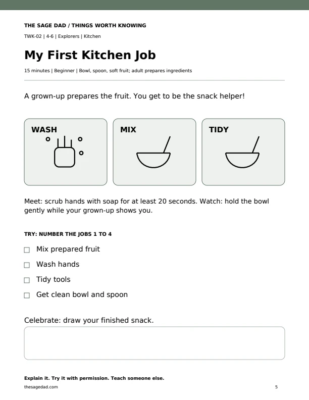 Wash, mix and tidy illustrations with four kitchen jobs to put in order