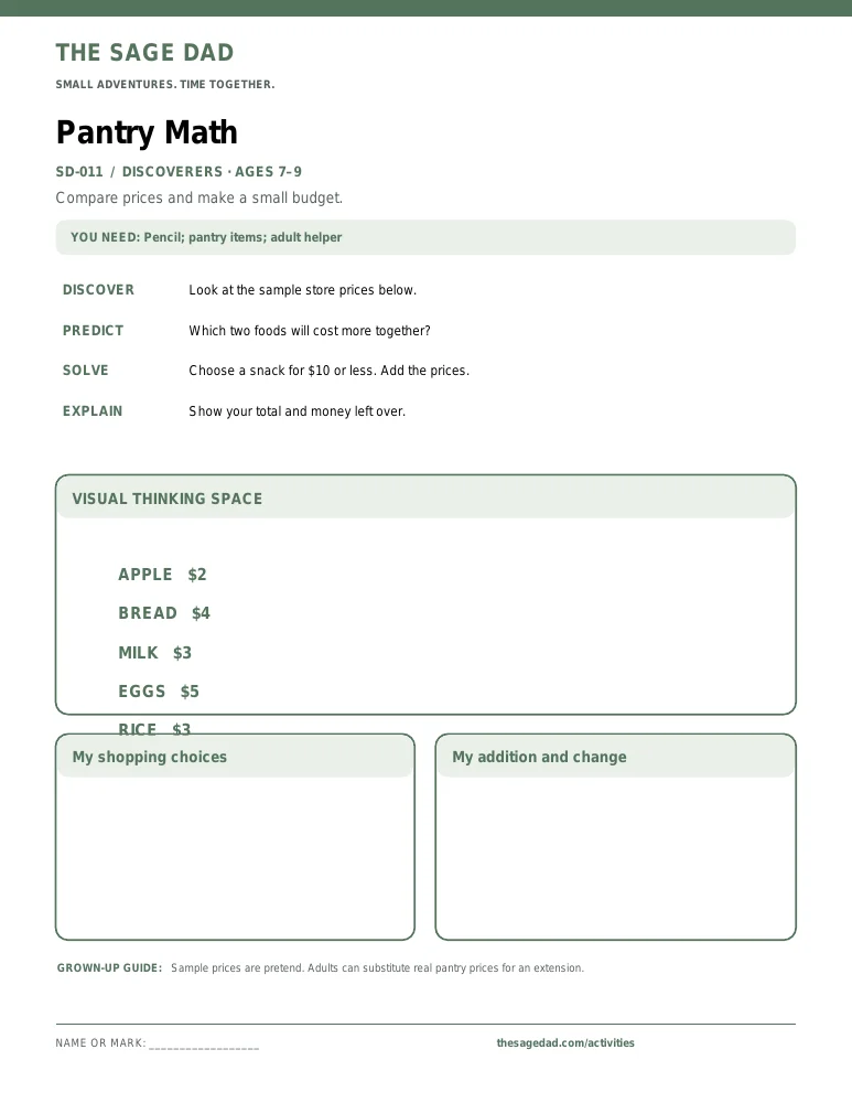 Printable preview for Pantry store math mission