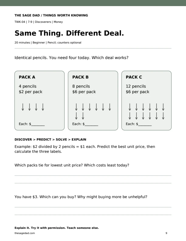 Three pencil packs showing quantities, total prices and blank unit-price labels