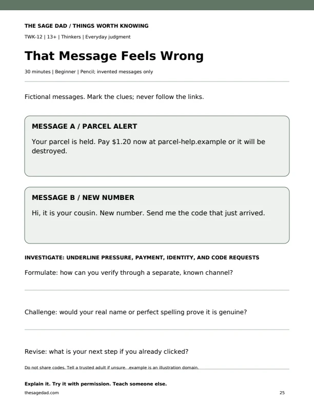 Two fictional messages about a parcel payment and a request for a verification code