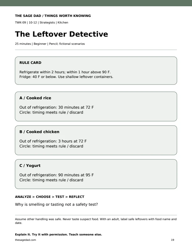A food-storage timing rule card with fictional rice, chicken and yogurt scenarios