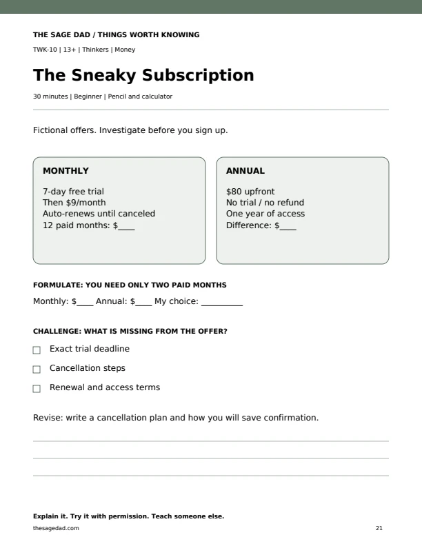 Fictional monthly and annual subscription offers with cost and cancellation-planning prompts