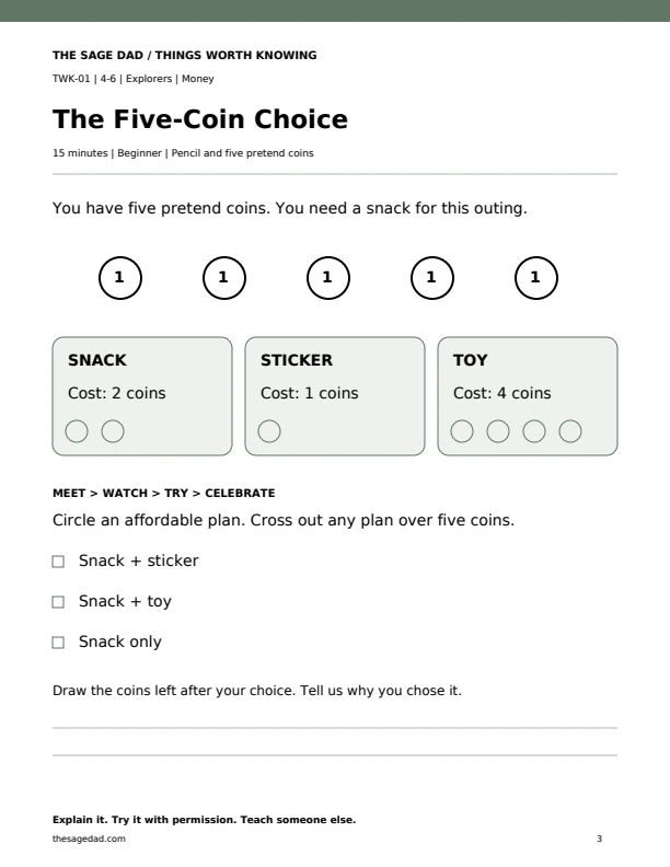 Things Worth Knowing sample: five pretend coins and a choice between snack, sticker and toy