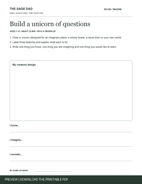 Public preview of the Build a unicorn of questions worksheet