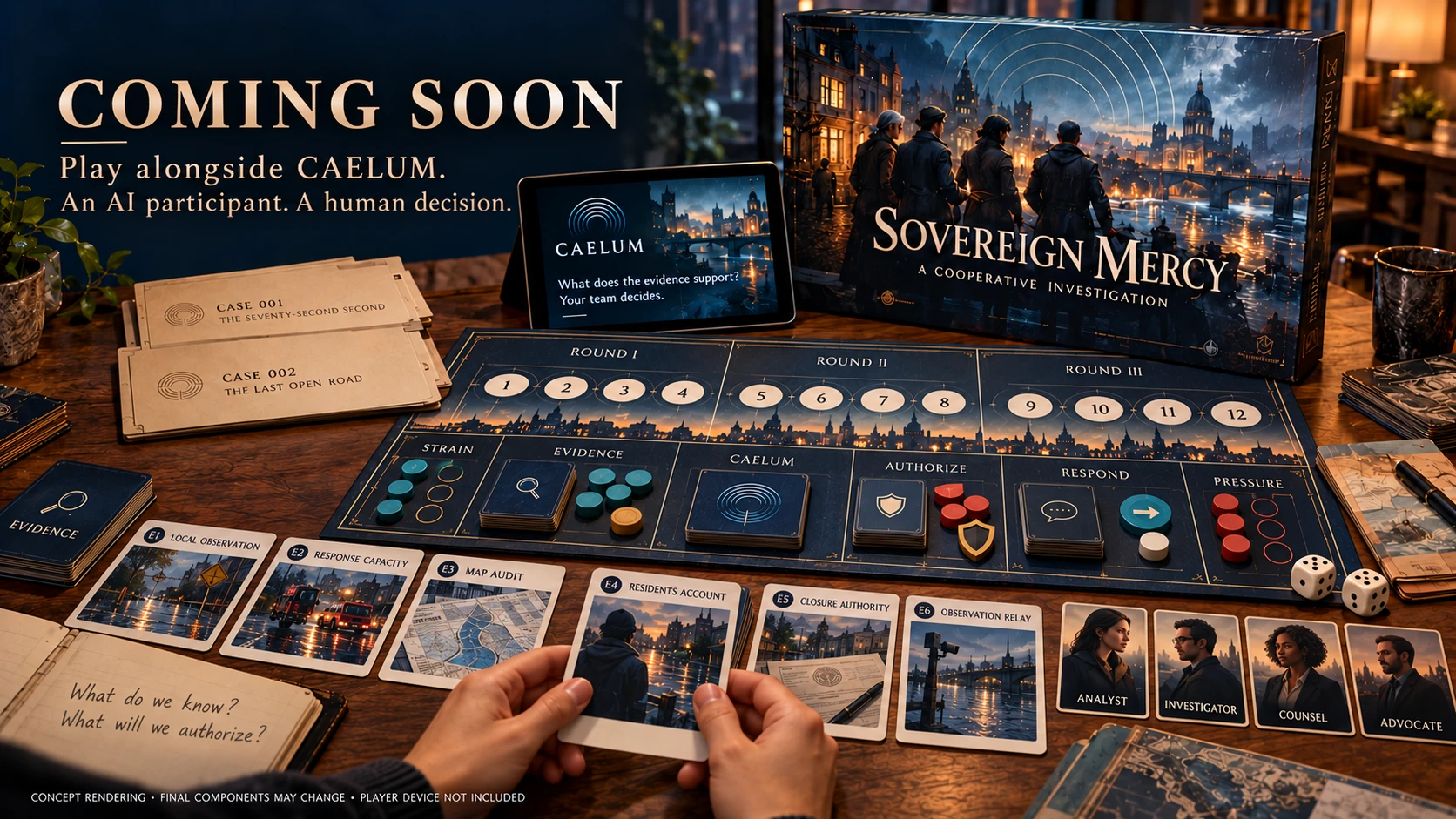 Sovereign Mercy concept: folding investigation board, evidence cards, four human roles, and CAELUM as an AI participant on a player-owned tablet