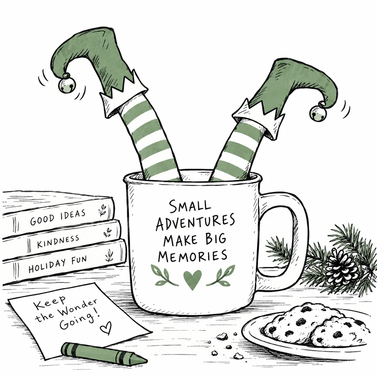 Hand-drawn striped holiday-helper legs sticking out of a Christmas mug.