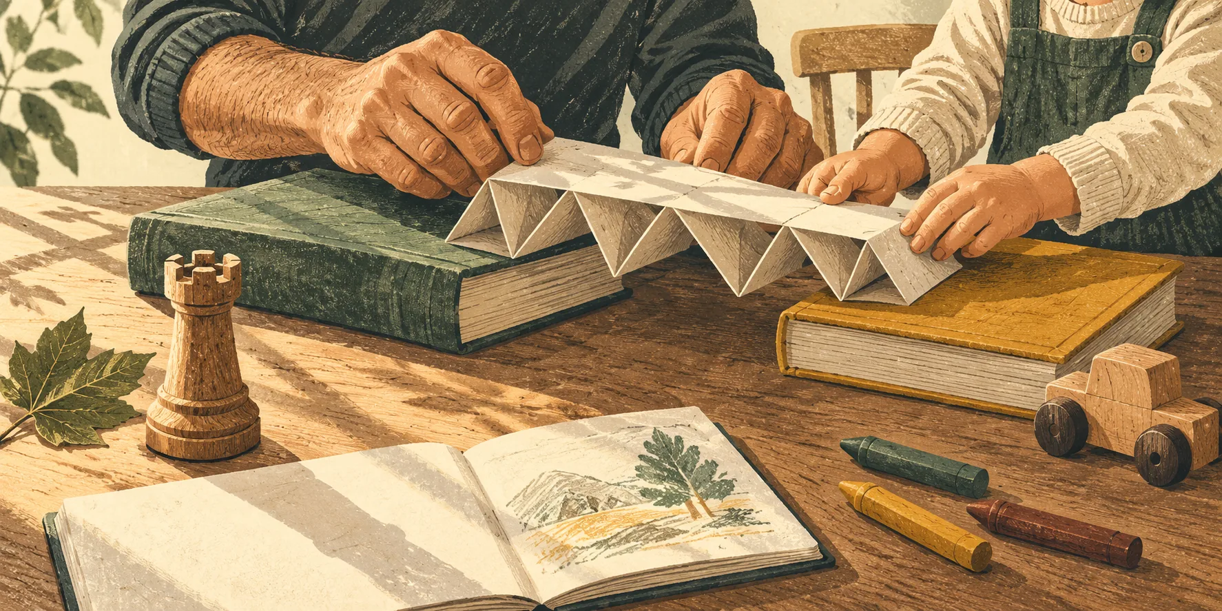 A dad and child fold a paper bridge together, with a wooden rook, crayons, and field notebook nearby.