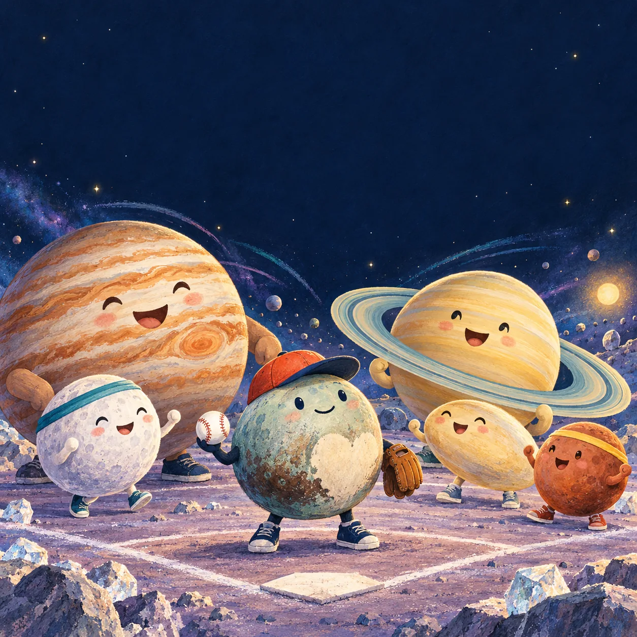 Pluto beneath a starry sky; open New Horizons for Pluto.