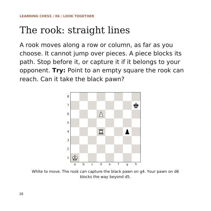 Book 1, page 28: Rook movement and a delivery activity