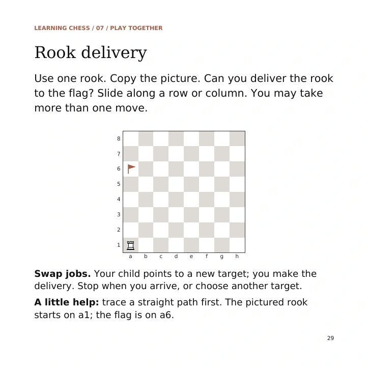 Book 1, page 29: Rook movement and a delivery activity