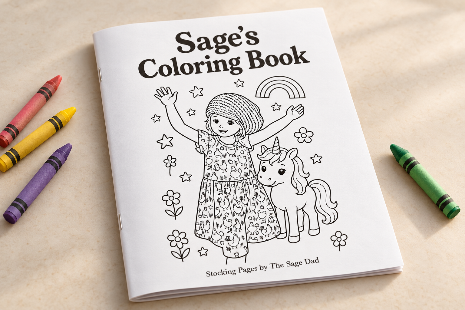 Sage’s Coloring Book with a unicorn cover and thin saddle-stitched pages