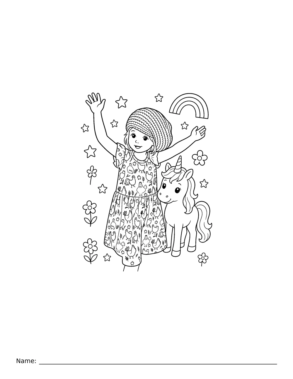 Coloring page of the child with a unicorn, rainbow and flowers