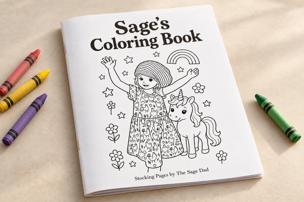 Sage’s Coloring Book with a unicorn cover, thin folded pages and two saddle-stitch staples